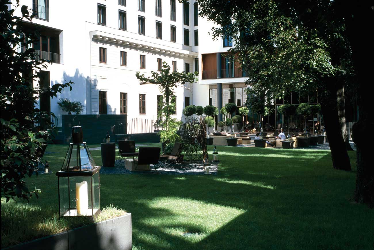 Bvlgari Hotel Milano on Via Privata Fratelli Gabba with the dedicated 4,000 square metre private garden — the substantial green oasis at the heart of the Brera district, the property's signature feature in central Milan