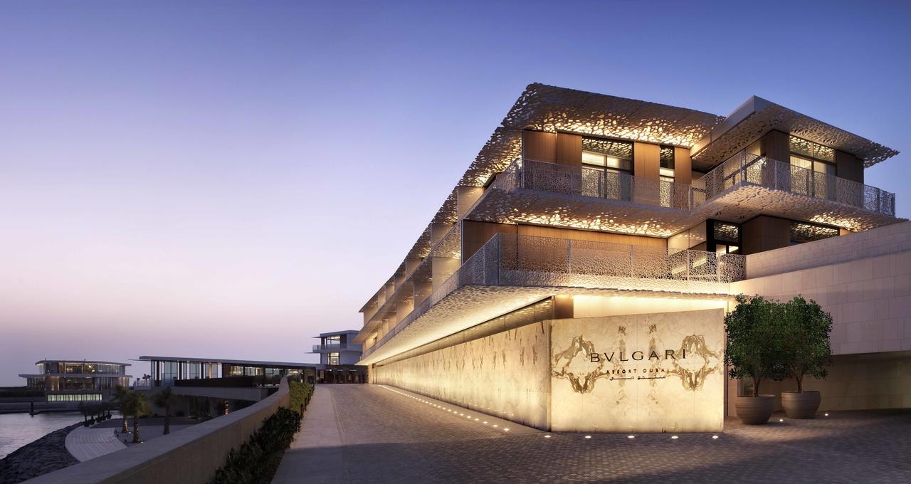 Bvlgari Resort Dubai on Jumeira Bay private seahorse-shaped island with the dramatic Italian luxury architectural identity in the Arabian Gulf — the most architecturally serious Bvlgari Hotels resort property