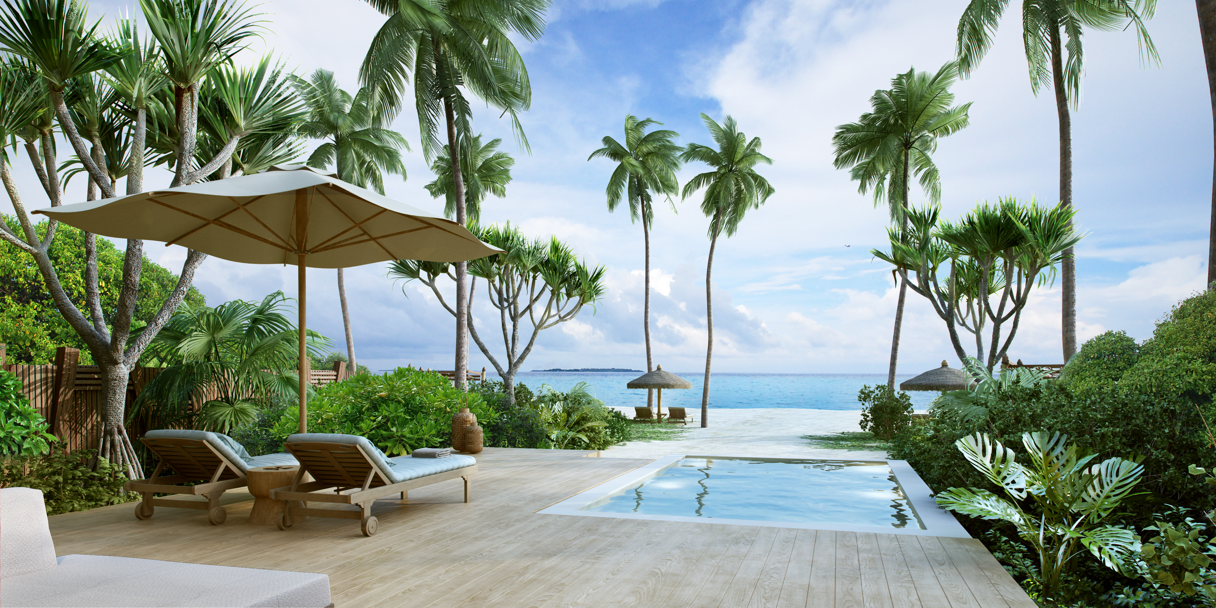 A Six Senses Fiji beachfront pool villa with the substantial bure-inspired sustainable design and the dedicated Malolo Island lagoon orientation evocative of the property's specific Mamanuca island luxury configuration
