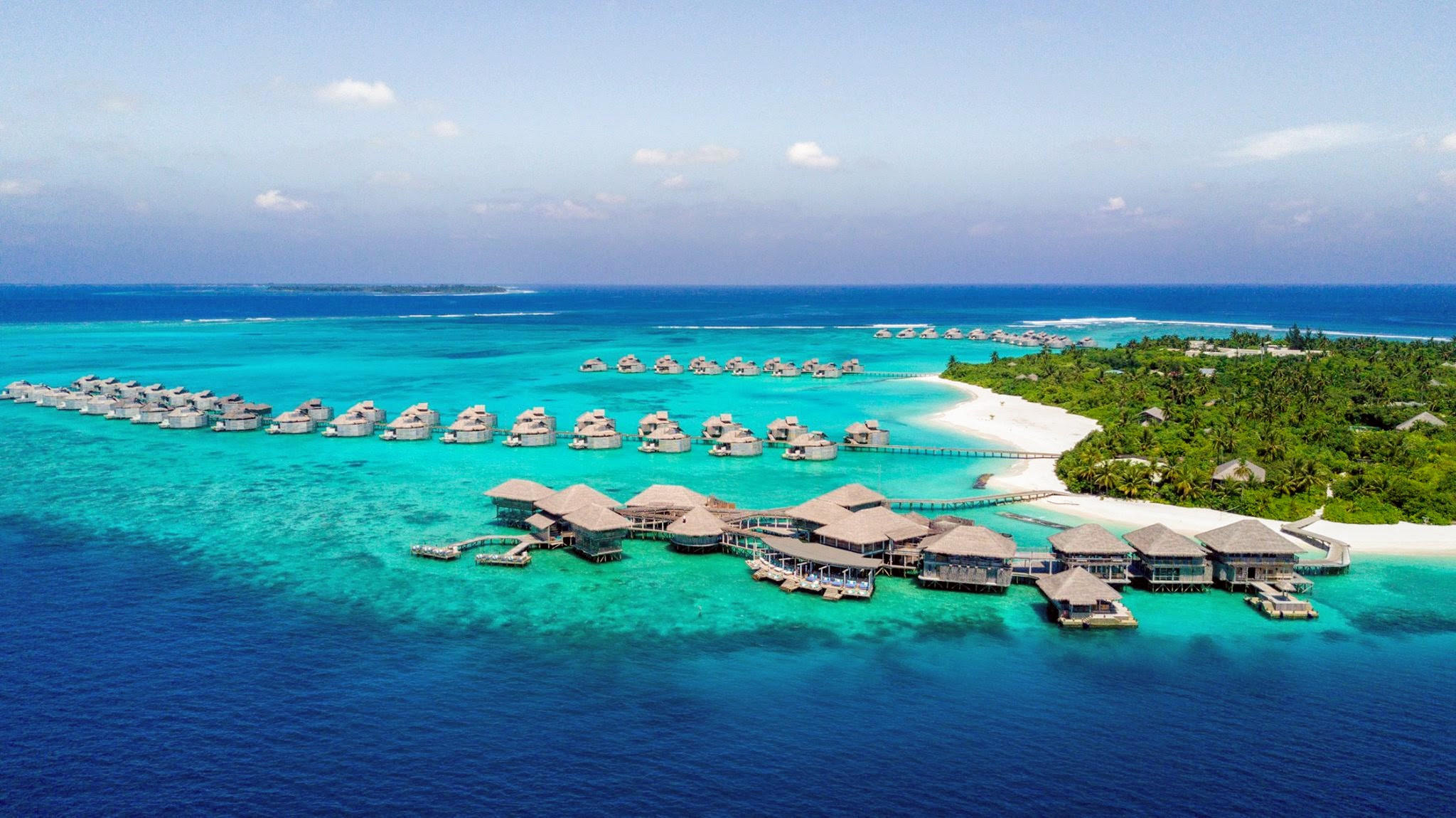 Six Senses Laamu aerial view showing the resort's island layout in the Laamu Atoll — the only resort in this remote southern Maldivian atoll