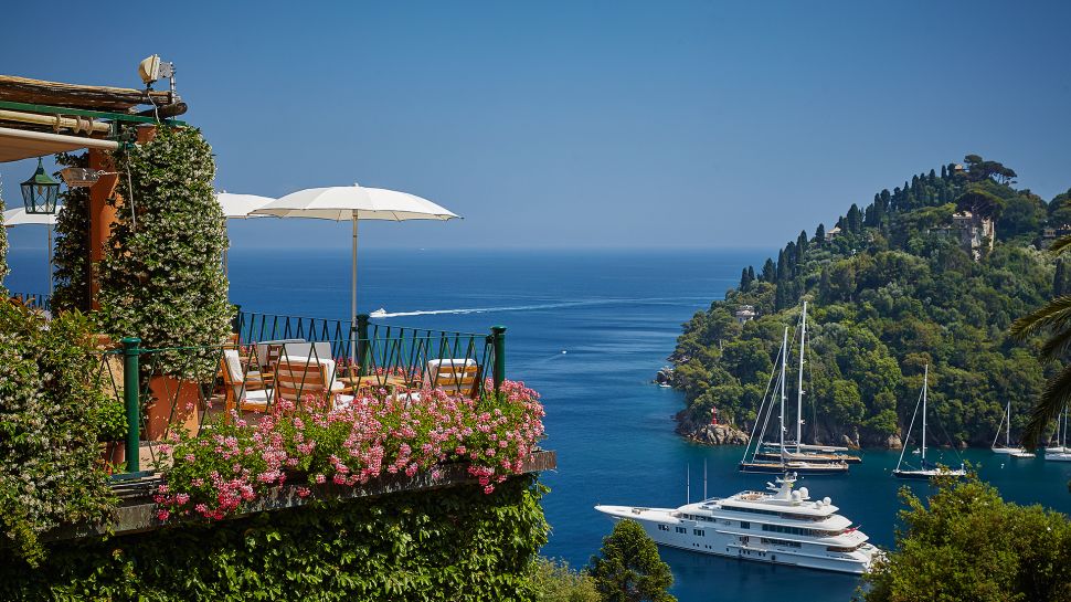 Belmond Hotel Splendido perched on the hills above Portofino harbour — the 1901 monastery-turned-hotel with the iconic Italian Riviera coastline view